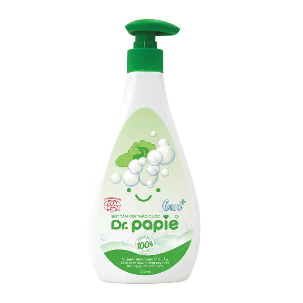 Bọt Tắm Gội Thảo Dược Dr.Papie 6m+ 300ml | Dịu Nhẹ Cho Bé, Chuẩn Organic Châu Âu, Không Cay Mắt