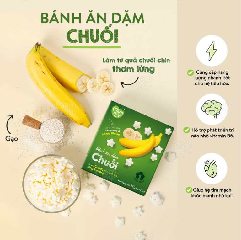 Bánh ăn dặm vị Chuối Mămmy – Làm từ chuối chín thơm lừng, bổ sung Vitamin B6, tốt cho tiêu hóa và trí não bé