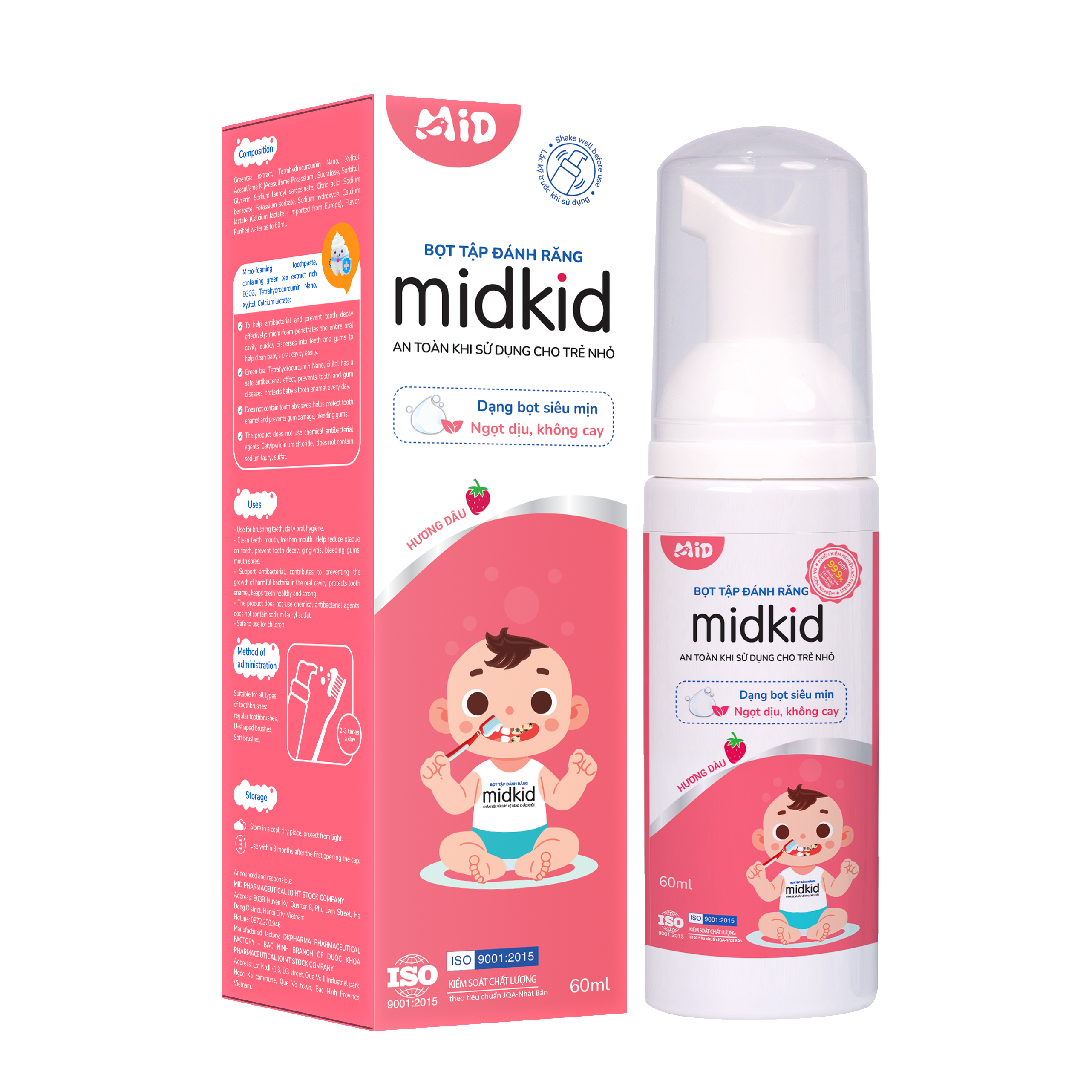 Bọt tập đánh răng Midkid 60ml cho bé – Hương dâu, dạng bọt siêu mịn, ngọt dịu không cay, an toàn cho trẻ nhỏ