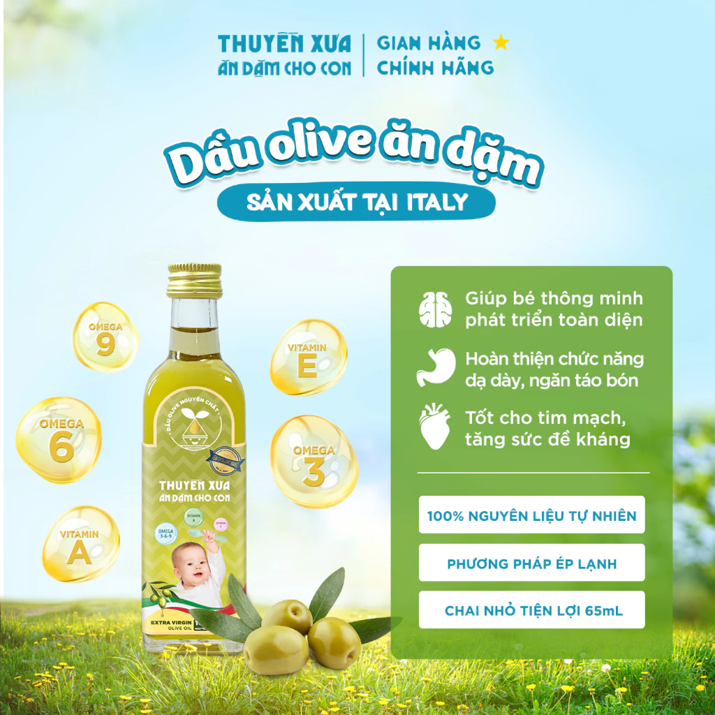 Dầu Olive Ăn Dặm Thuyền Xưa 65ml – Extra Virgin – Nguyên Chất Từ Ý – Bổ Sung Omega 3-6-9 & Vitamin A,E