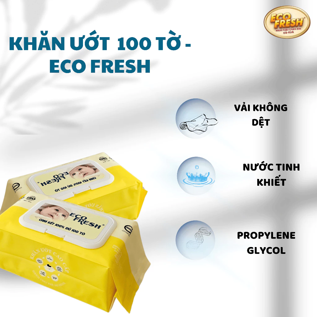 Khăn Ướt Cao Cấp ECO FRESH Màu Vàng 100 Tờ | Vải Không Dệt, Nước Tinh Khiết, Dịu Nhẹ, Dành Cho Trẻ Sơ Sinh