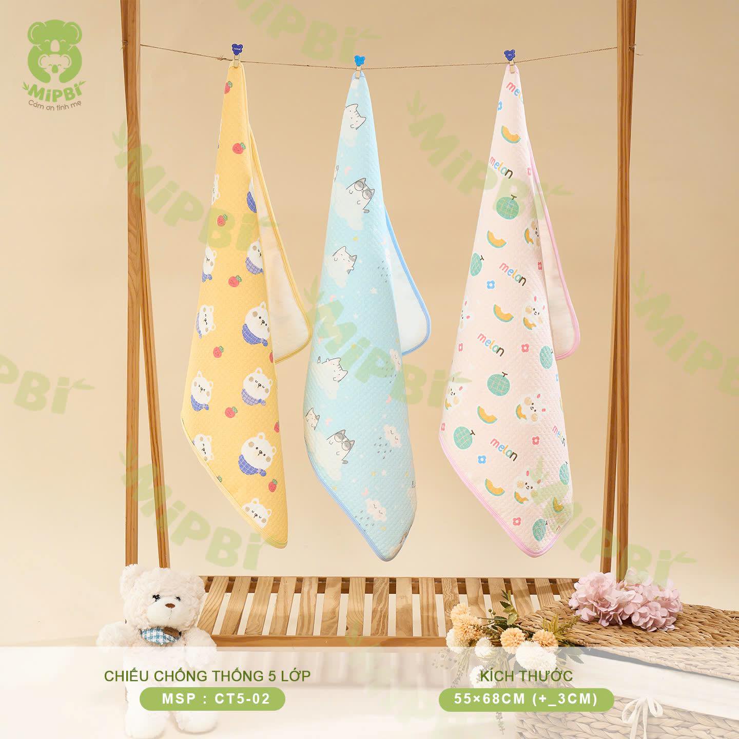 Chiếu Chống Thấm 5 Lớp MIPBI Cho Bé – Mềm Mại, Thoáng Khí, Dễ Giặt, Chống Tràn Hiệu Quả 55x68cm